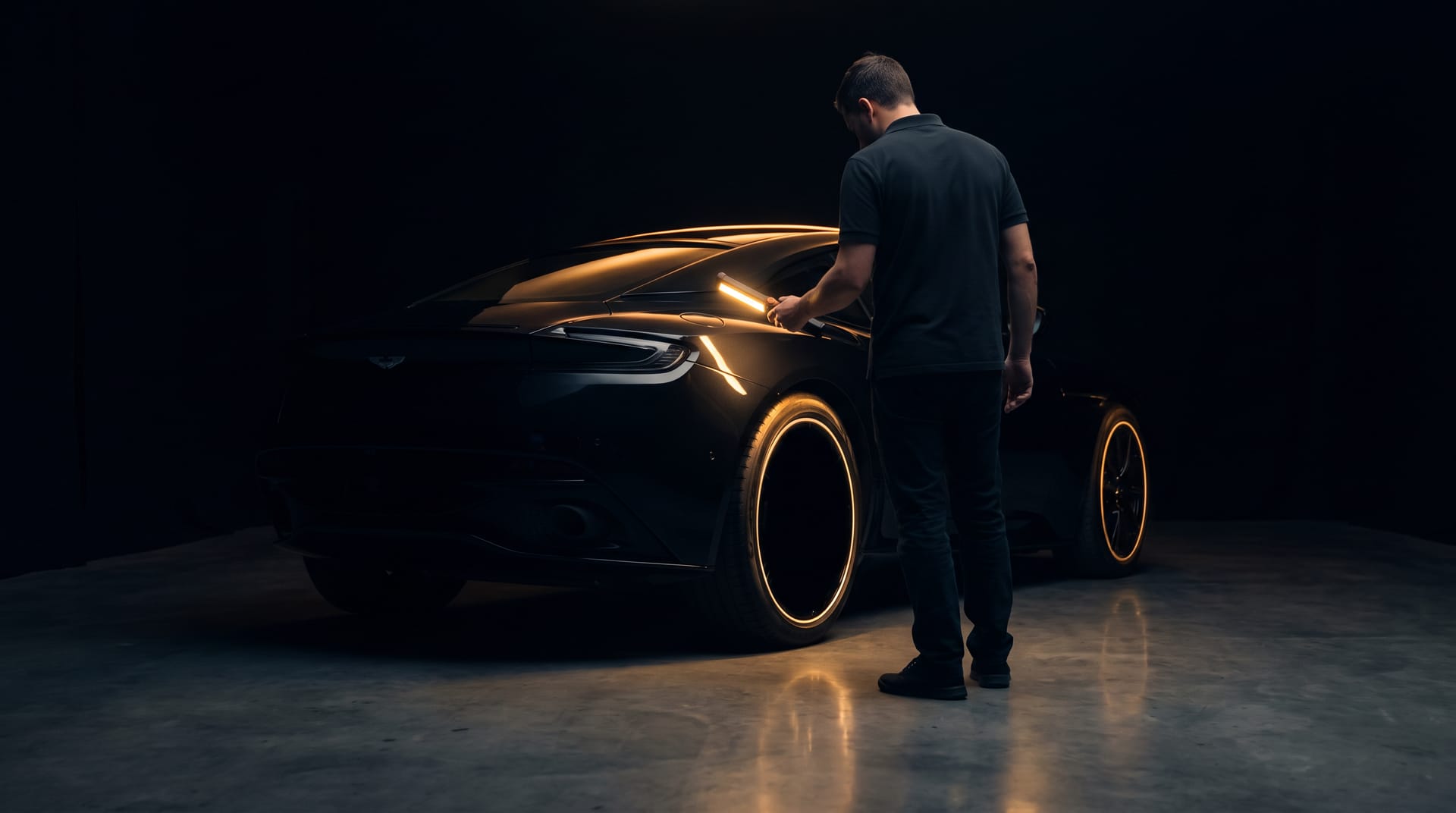 Paint inspection with an inspection lamp on the bonnet of a sports car in the workshop