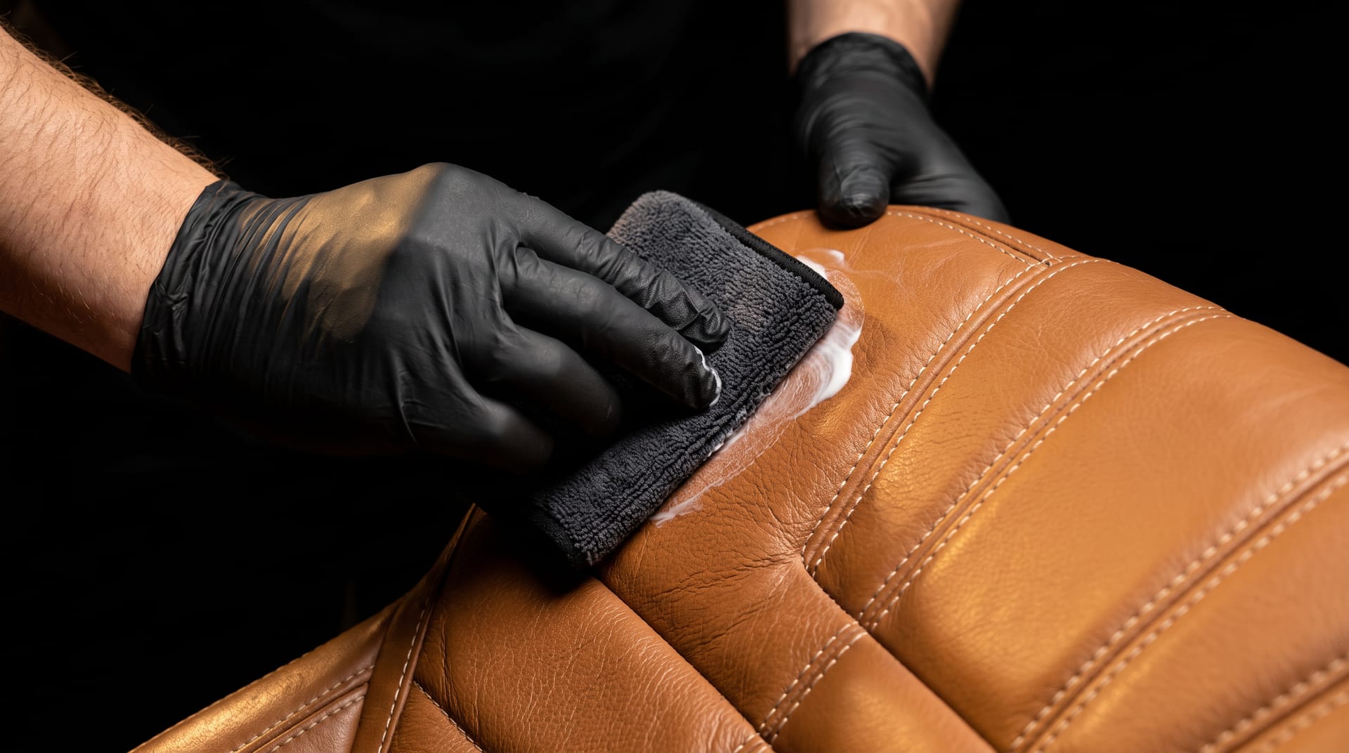 Close-up of perforated leather sports seats with contrasting stitching after interior detailing