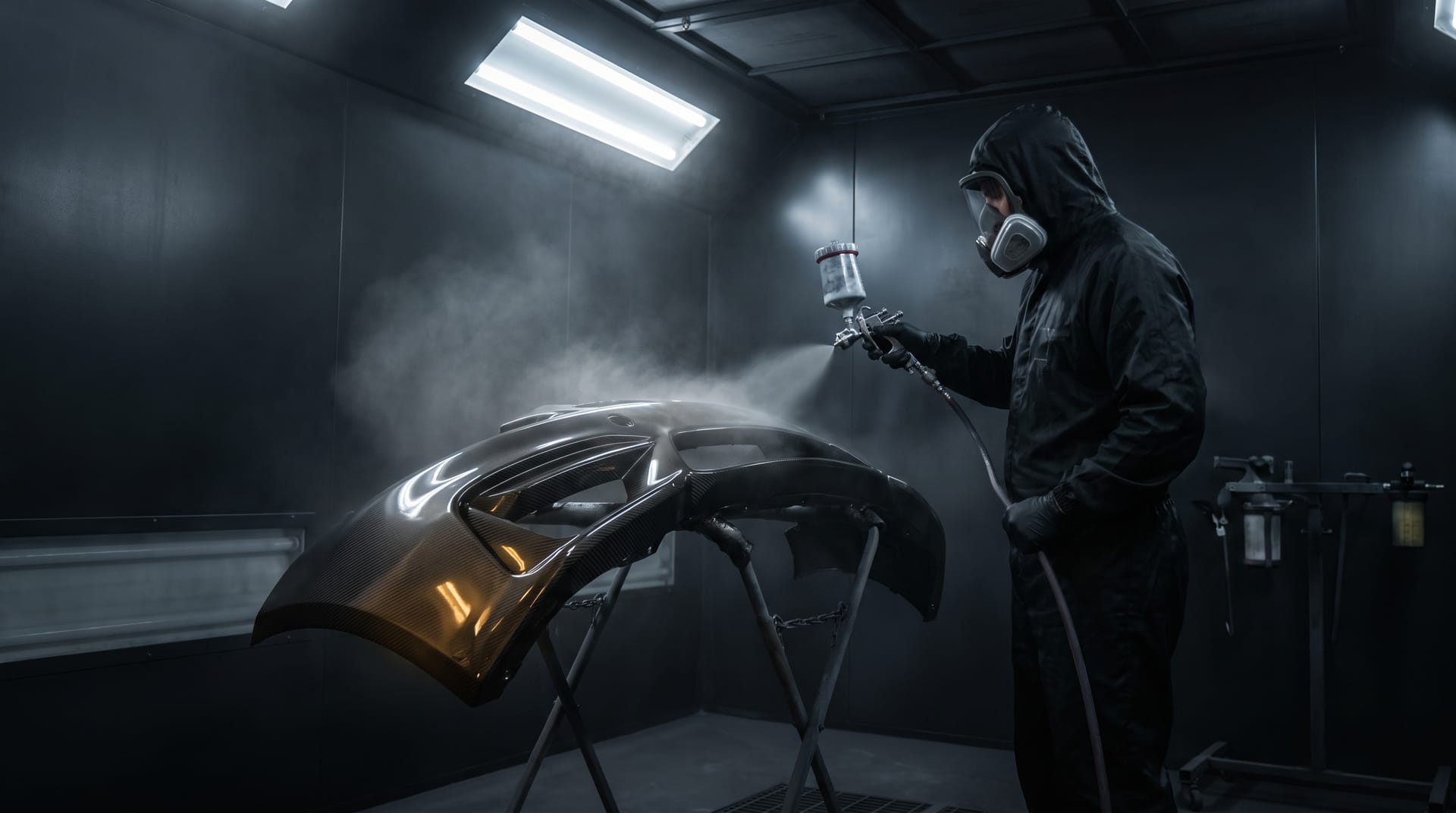 Painter applying clear coat to a panel in the GT Exclusive spray booth